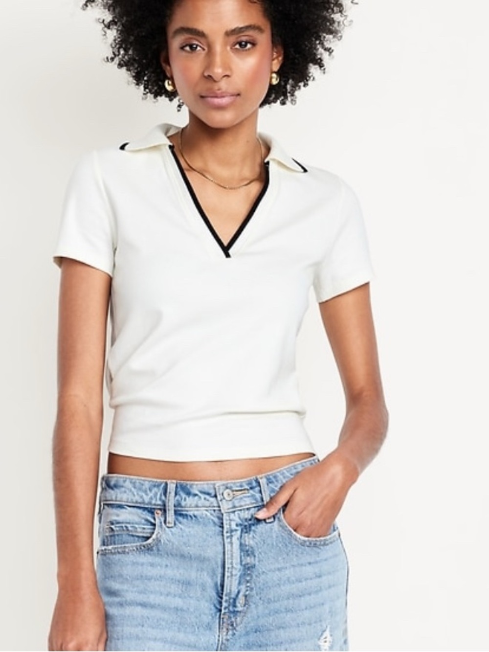 Women’s white Polo-Style Short Sleeve Top with Black Trim
